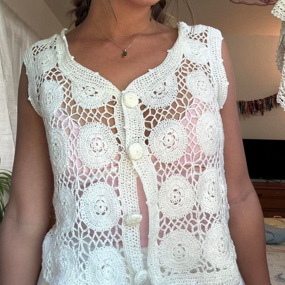 White crochet button up vest